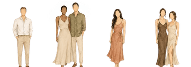 Illustrated outfit inspiration with flowing champagne and peach dresses, cream shirts, and sage separates