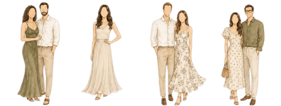 Illustrated couples wearing sage and floral dresses with cream, beige, and olive outfits