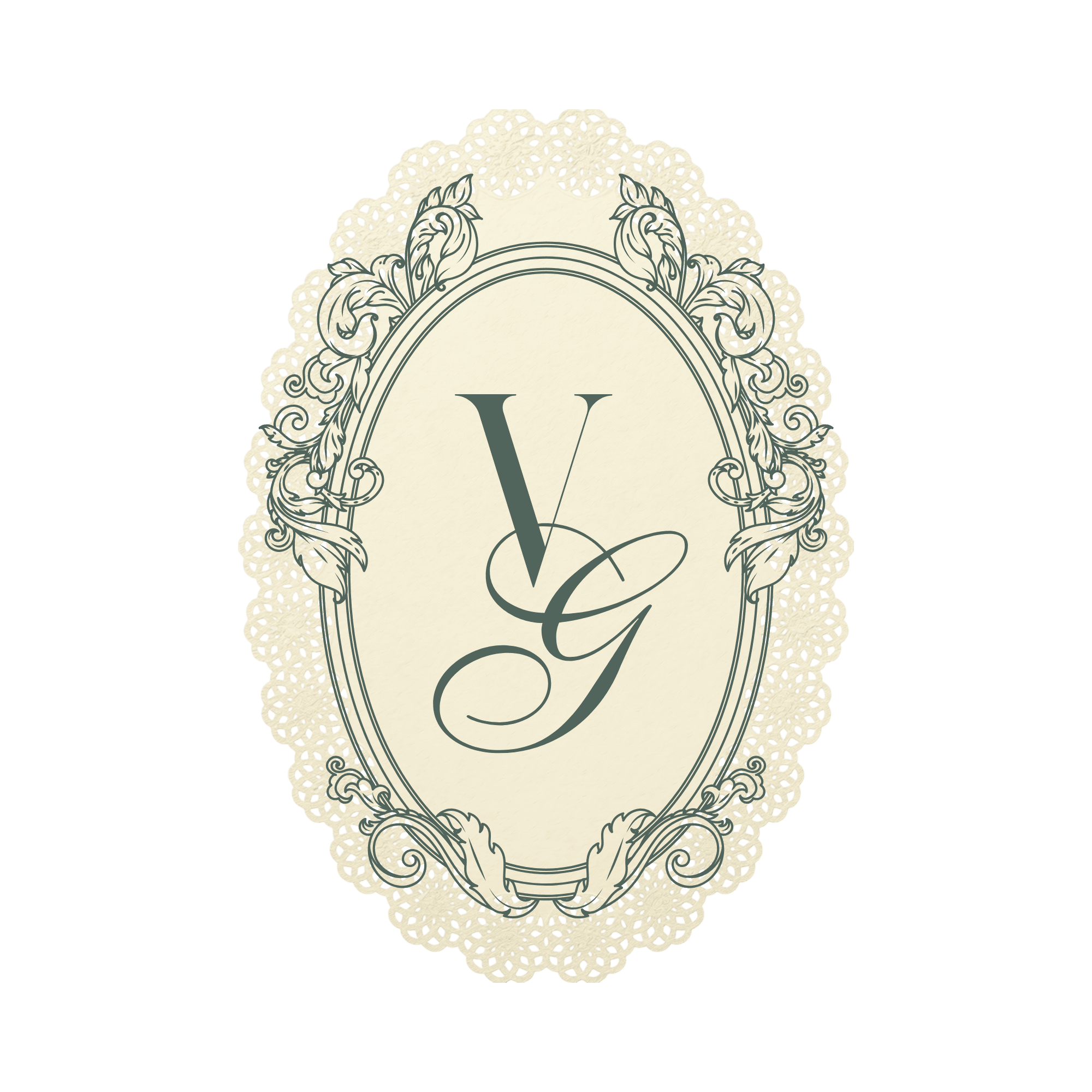 Vincent and Gabrielle's VG monogram inside an ivory lace frame